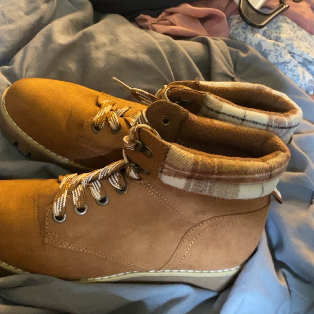 Tan Ankle Boots with Plaid Lining